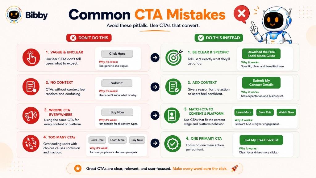 Infographic titled Common CTA Mistakes comparing vague language, missing context, wrong platform CTAs, and too many options against best-practice alternatives.