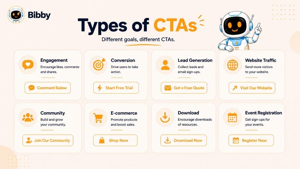 Infographic titled Types of CTAs showing six CTA categories — engagement, traffic, lead generation, conversion, sales, and retention CTAs with examples.