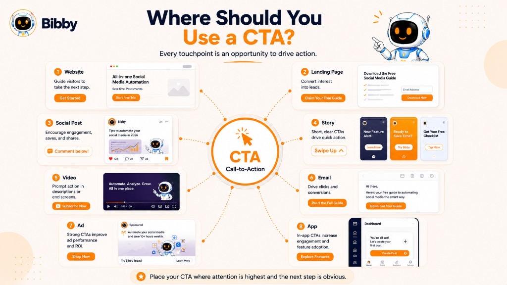 Infographic titled Where Should You Use a CTA showing eight placement channels — website, landing page, social post, Story, video, email, ad, and app.