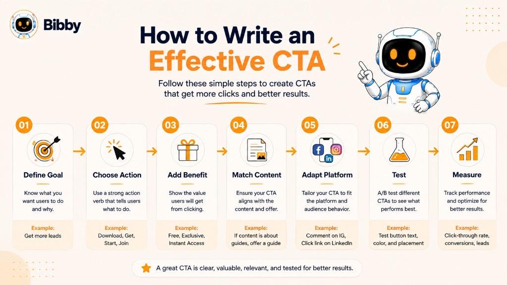 Infographic titled How to Write an Effective CTA showing seven steps — Define Goal, Choose Action, Add Benefit, Match Content, Adapt Platform, Test, and Measure.