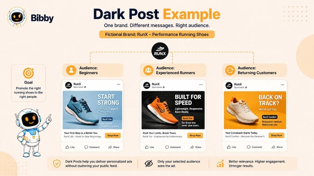 Infographic titled Dark Post Example showing fictional brand RunX sending different unpublished shoe ads to beginners, experienced runners, and returning customers.