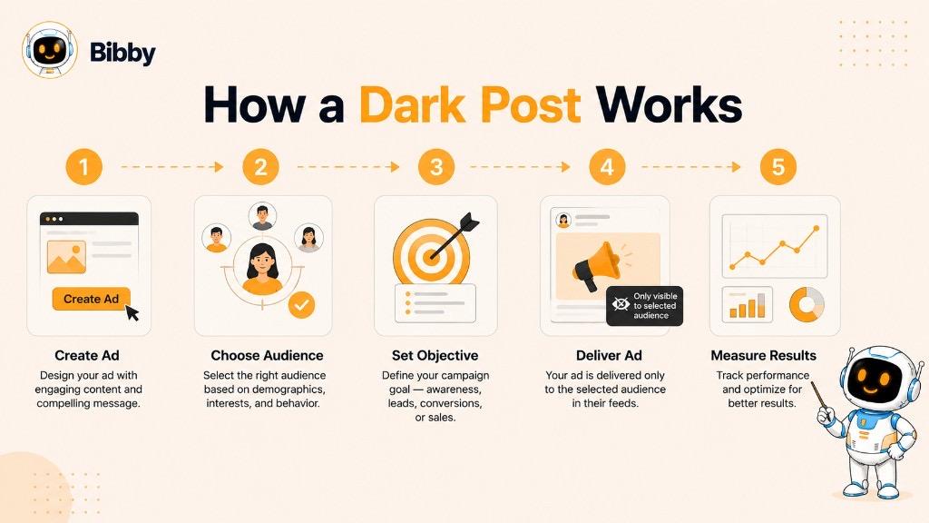 Infographic titled How a Dark Post Works showing five steps: create the ad, choose the audience, set the objective, deliver the unpublished ad to selected people, and measure results.