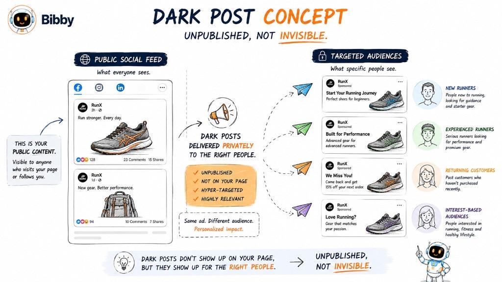 Infographic titled Dark Post Concept Unpublished Not Invisible comparing a public social feed with hyper-targeted unpublished ads delivered privately to new runners, experienced runners, returning customers, and interest-based audiences.