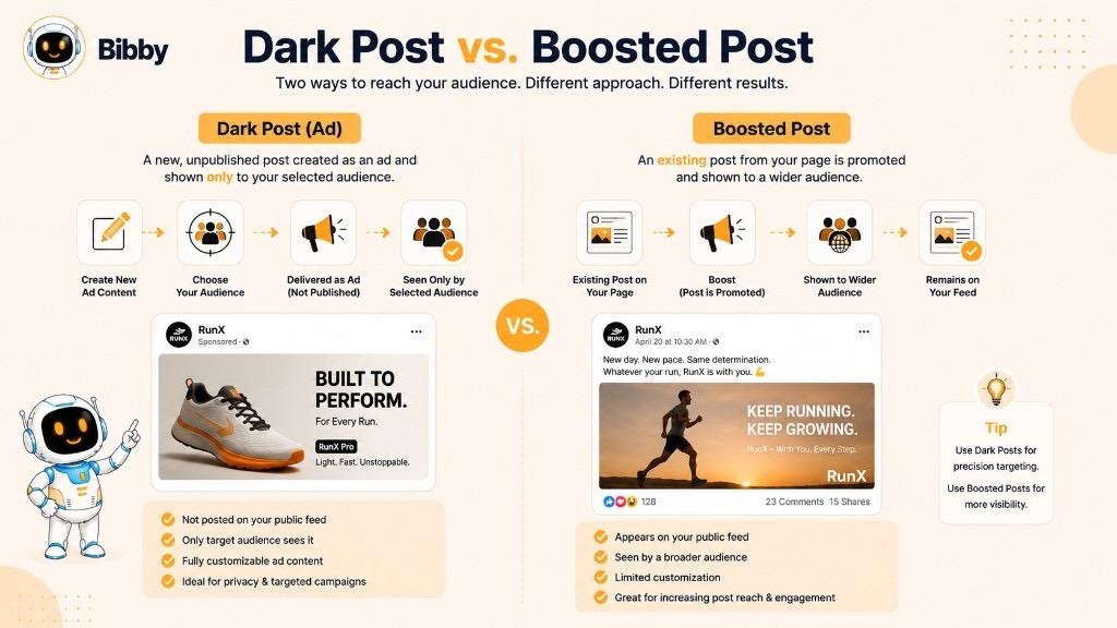 Infographic titled Dark Post vs Boosted Post comparing an unpublished targeted ad with promoting an existing public post to a wider audience.