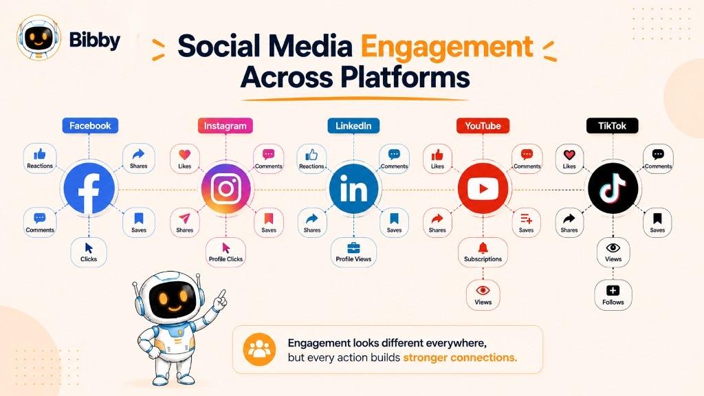 Infographic titled Social Media Engagement Across Platforms showing typical interactions on Facebook, Instagram, LinkedIn, YouTube, and TikTok, including likes, comments, shares, saves, clicks, views, and follows.