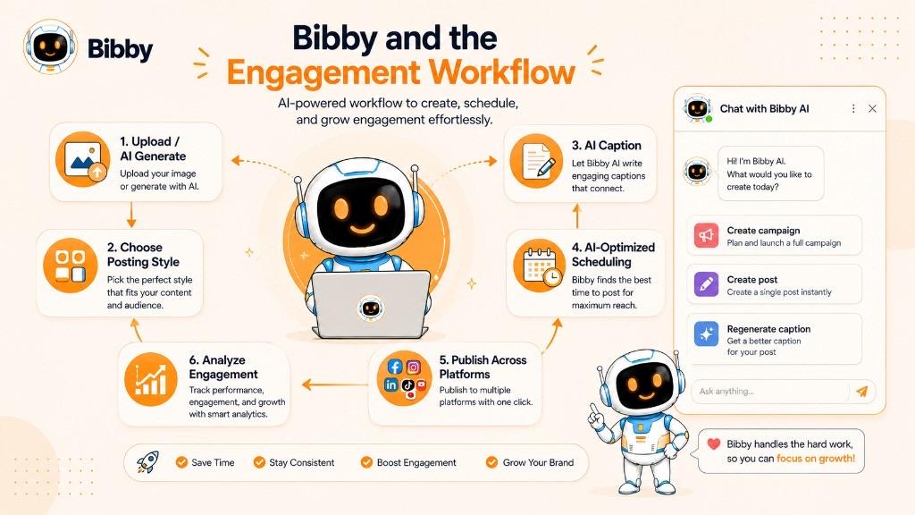 Infographic titled Bibby and the Engagement Workflow showing steps to upload or generate content, choose a posting style, generate AI captions, schedule at optimized times, publish across platforms, and review engagement.