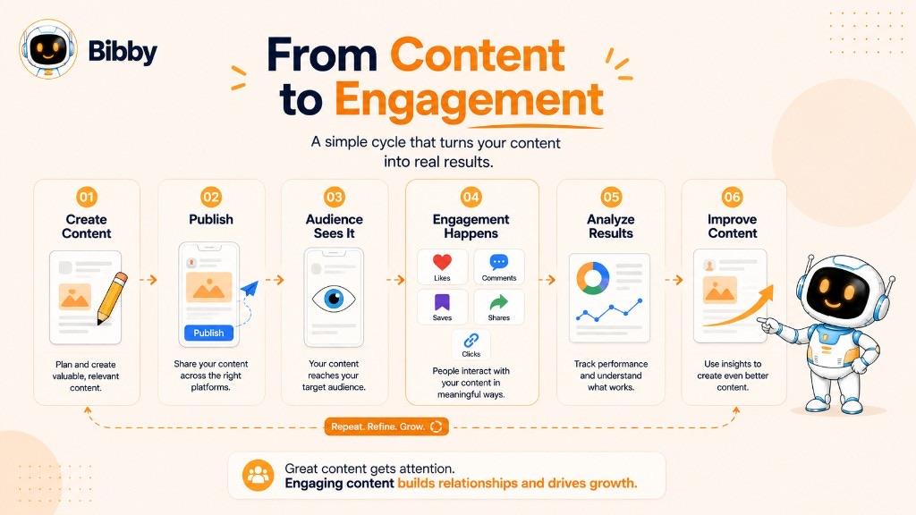 Infographic titled From Content to Engagement showing a six-step cycle: create content, publish, audience sees it, engagement happens, analyze results, and improve content.