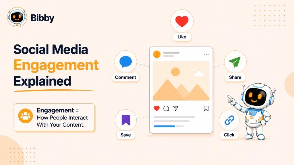 Infographic titled Social Media Engagement Explained showing a social post surrounded by like, comment, save, share, and click icons, with the definition that engagement is how people interact with your content.