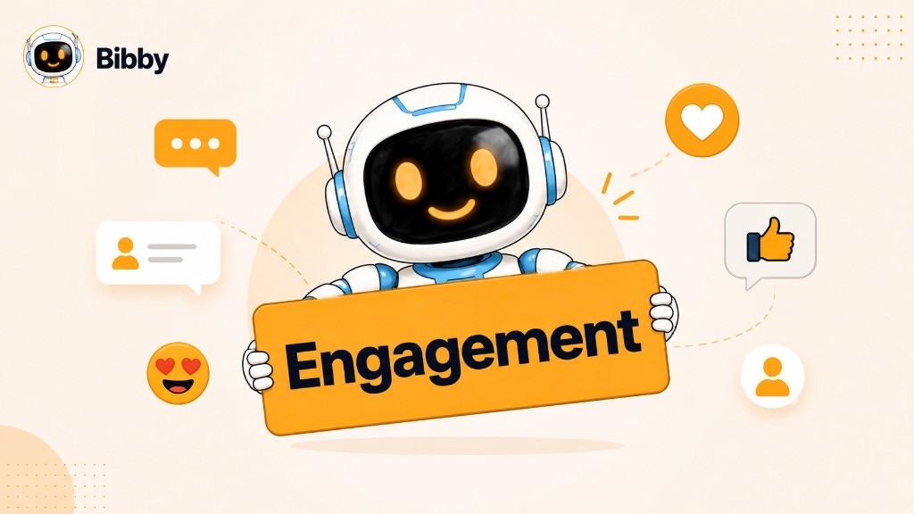 Bibby robot holding an orange Engagement sign surrounded by like, comment, mention, and reaction icons.