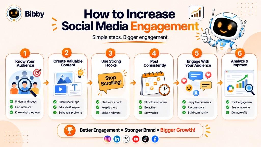 Infographic titled How to Increase Social Media Engagement showing six steps: know your audience, create valuable content, use strong hooks, post consistently, engage with your audience, and analyze and improve.