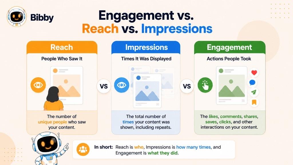 Infographic titled Engagement vs Reach vs Impressions comparing unique people who saw content, total times it was displayed, and actions such as likes, comments, shares, and saves.