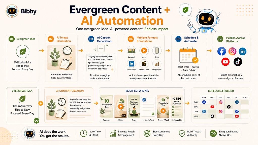 Infographic titled Evergreen Content plus AI Automation showing a six-step workflow from an evergreen idea through AI image and caption generation, multiple formats, scheduling, and publishing across Facebook, Instagram, LinkedIn, YouTube, and TikTok.