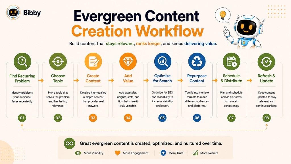 Infographic titled Evergreen Content Creation Workflow showing eight steps: find a recurring problem, choose a topic, create content, add value, optimize for search, repurpose, schedule and distribute, then refresh and update.