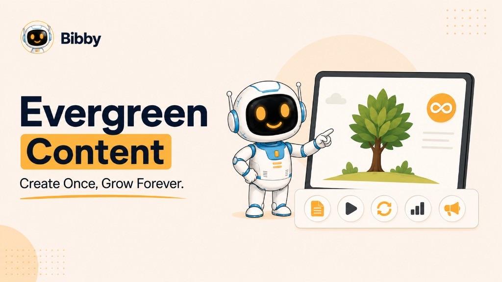 Bibby robot pointing at a tablet showing a green tree and infinity symbol, with the tagline Create Once, Grow Forever.