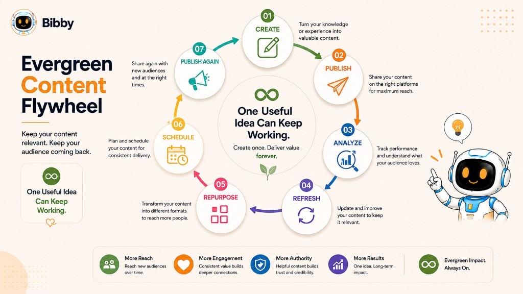 Infographic titled Evergreen Content Flywheel showing a seven-step loop: create, publish, analyze, refresh, repurpose, schedule, and publish again, with the idea that one useful piece of content can keep working.