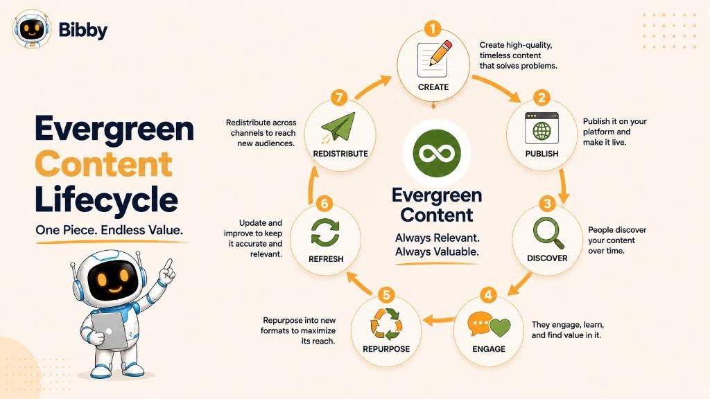 Infographic titled Evergreen Content Lifecycle showing a seven-step cycle: create, publish, discover, engage, repurpose, refresh, and redistribute around an infinity symbol.