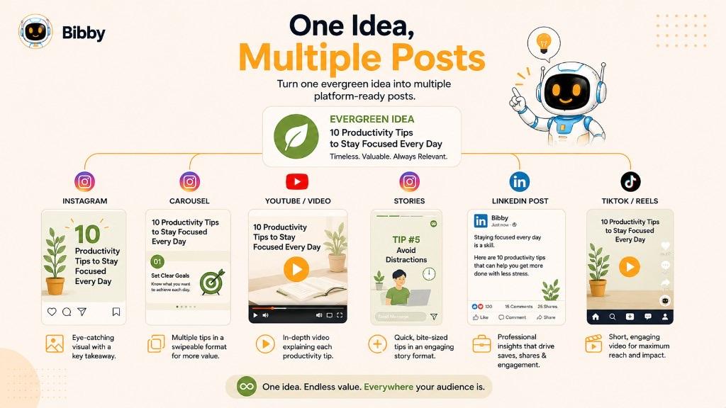 Infographic titled One Idea, Multiple Posts showing an evergreen idea about productivity tips adapted into an Instagram post, carousel, YouTube video, Story, LinkedIn post, and TikTok or Reel.