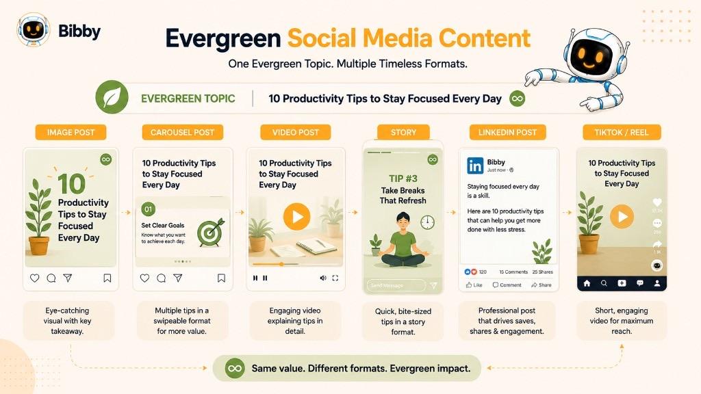 Infographic titled Evergreen Social Media Content showing one evergreen topic turned into an image post, carousel, video, Story, LinkedIn post, and TikTok or Reel.