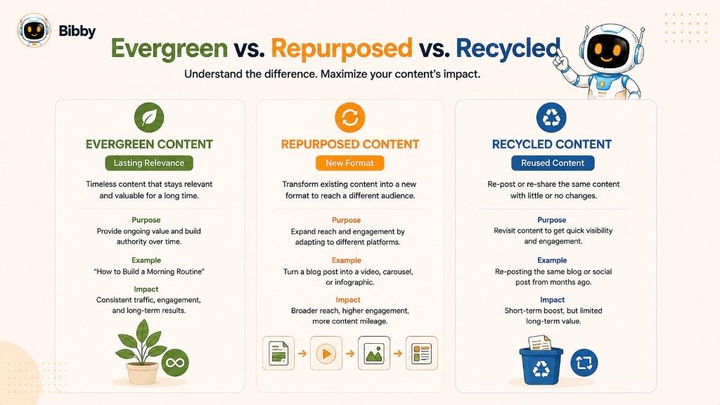 Infographic titled Evergreen vs Repurposed vs Recycled comparing lasting relevance, new formats, and reused posts, with examples and the impact of each approach.