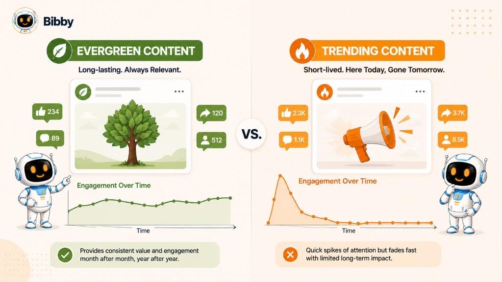 Infographic titled Evergreen Content vs Trending Content comparing steady long-term engagement for evergreen posts with a sharp spike and drop-off for trending posts.