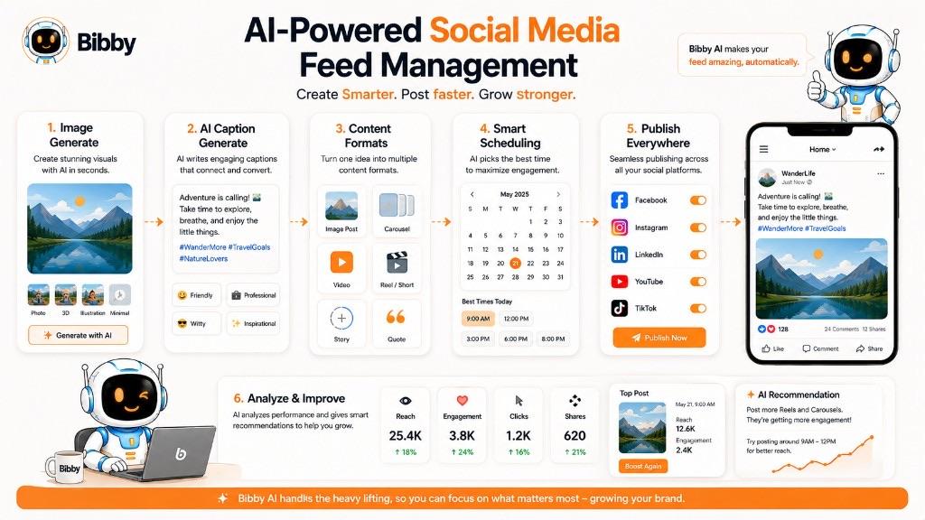 Infographic titled AI-Powered Social Media Feed Management showing image generation, AI captions, multiple formats, smart scheduling, publishing across platforms, and reviewing results.