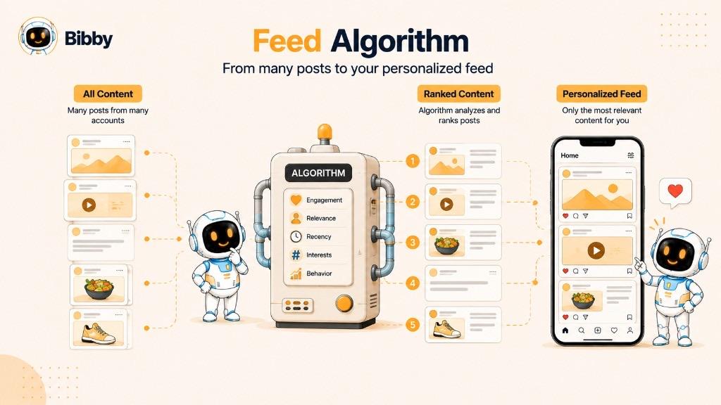 Infographic titled Feed Algorithm showing many posts going through ranking signals such as engagement, relevance, recency, interests, and behavior, then appearing in a personalized feed.