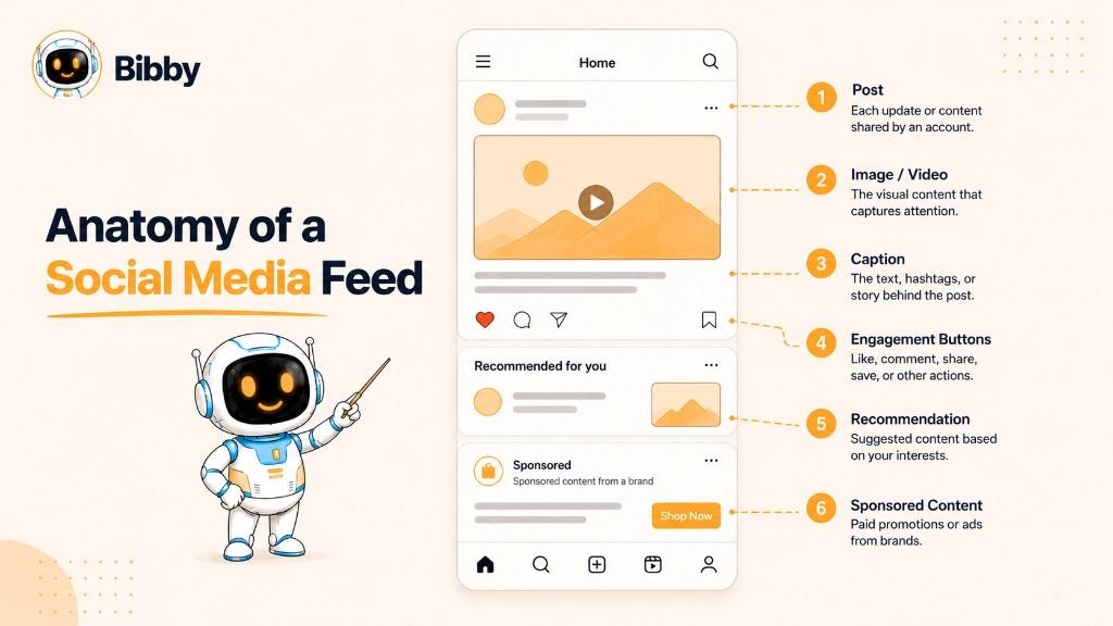 Infographic titled Anatomy of a Social Media Feed labeling a post, image or video, caption, engagement buttons, recommended content, and sponsored content on a phone screen.