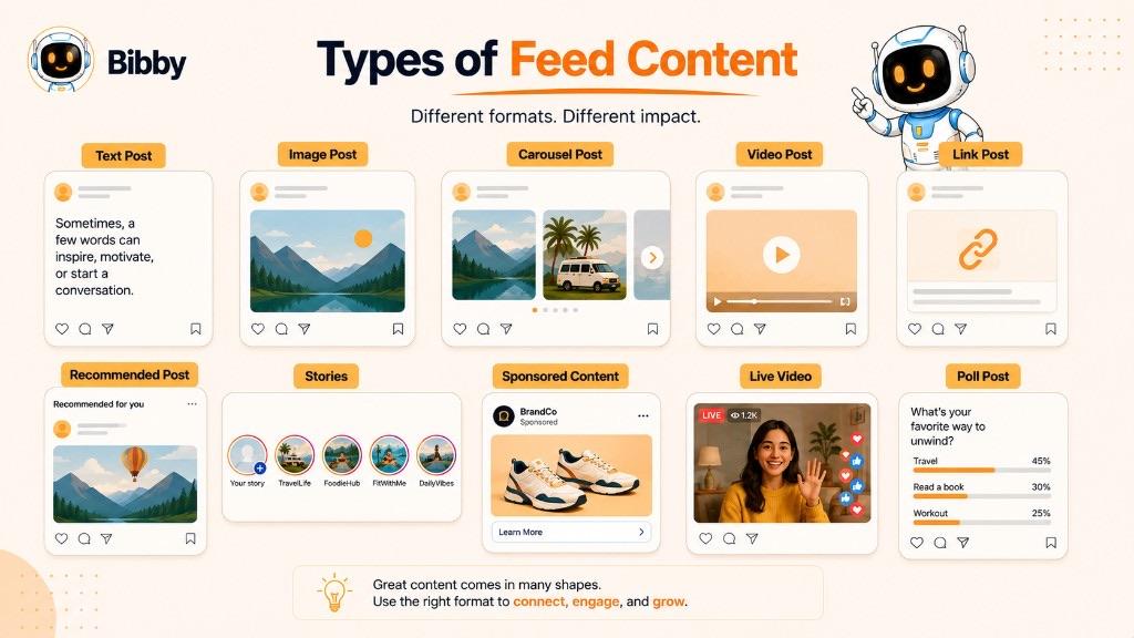 Infographic titled Types of Feed Content showing text, image, carousel, video, link, recommended, Stories, sponsored, live, and poll posts.