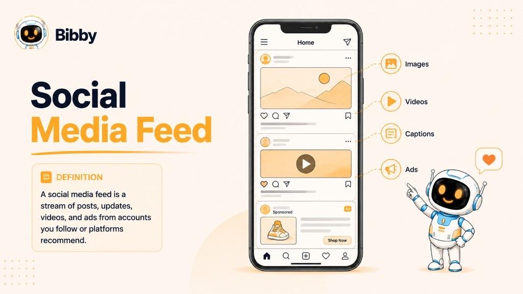 Infographic titled Social Media Feed defining a feed as a stream of posts, updates, videos, and ads, with a phone mockup highlighting images, videos, captions, and sponsored ads.