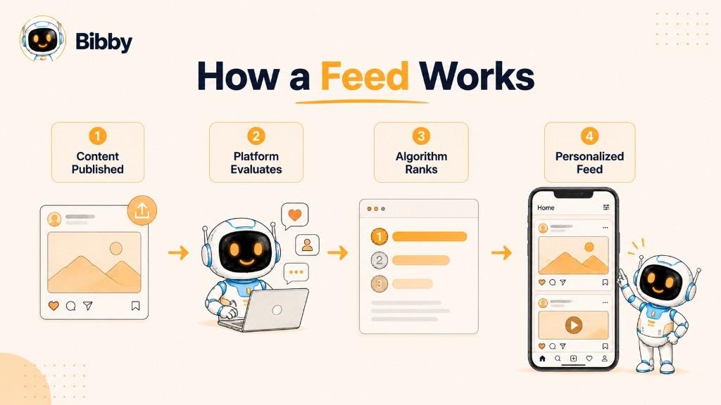 Infographic titled How a Feed Works showing four steps: content is published, the platform evaluates it, the algorithm ranks it, and the user sees a personalized feed.