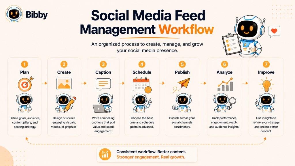 Infographic titled Social Media Feed Management Workflow showing a seven-step cycle: plan, create, caption, schedule, publish, analyze, and improve.