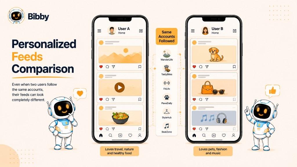 Infographic titled Personalized Feeds Comparison showing two users who follow the same accounts but see different posts based on travel, food, pets, fashion, and music interests.