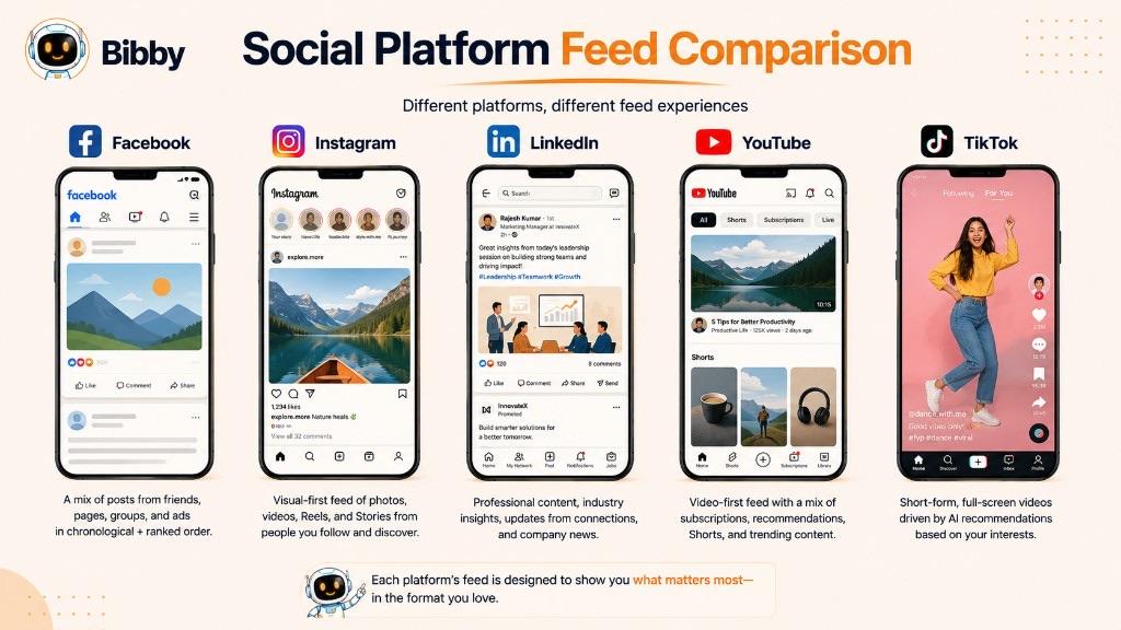 Infographic titled Social Platform Feed Comparison showing Facebook, Instagram, LinkedIn, YouTube, and TikTok feeds with different content formats and ranking styles.
