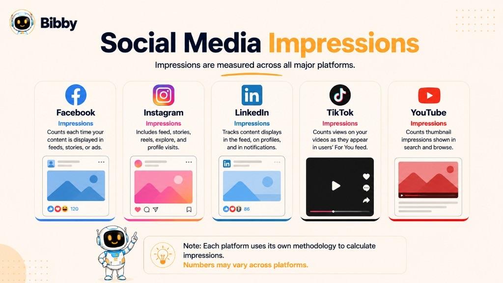 Infographic titled Social Media Impressions comparing how Facebook, Instagram, LinkedIn, TikTok, and YouTube count displays, with a note that each platform uses its own methodology.