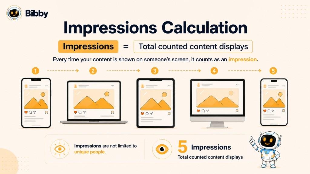 Infographic titled Impressions Calculation showing the same post displayed on five screens and totaling five impressions, with a note that impressions are not limited to unique people.