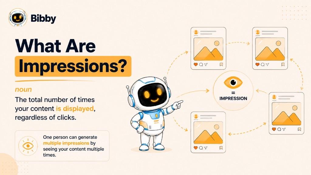 Infographic titled What Are Impressions showing a robot pointing at four post displays that each count as an impression, with a callout that one person can generate multiple impressions.