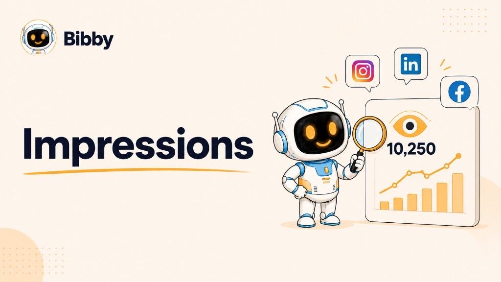 Bibby robot examining a social media impressions dashboard with an eye icon, 10,250 count, and Instagram, LinkedIn, and Facebook bubbles.