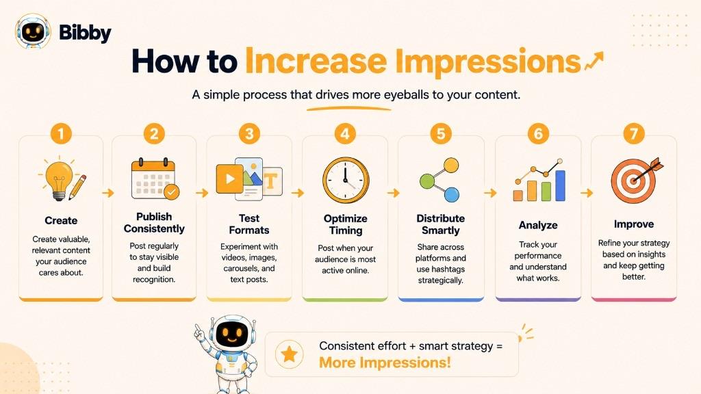 Infographic titled How to Increase Impressions showing seven steps: create, publish consistently, test formats, optimize timing, distribute smartly, analyze, and improve.