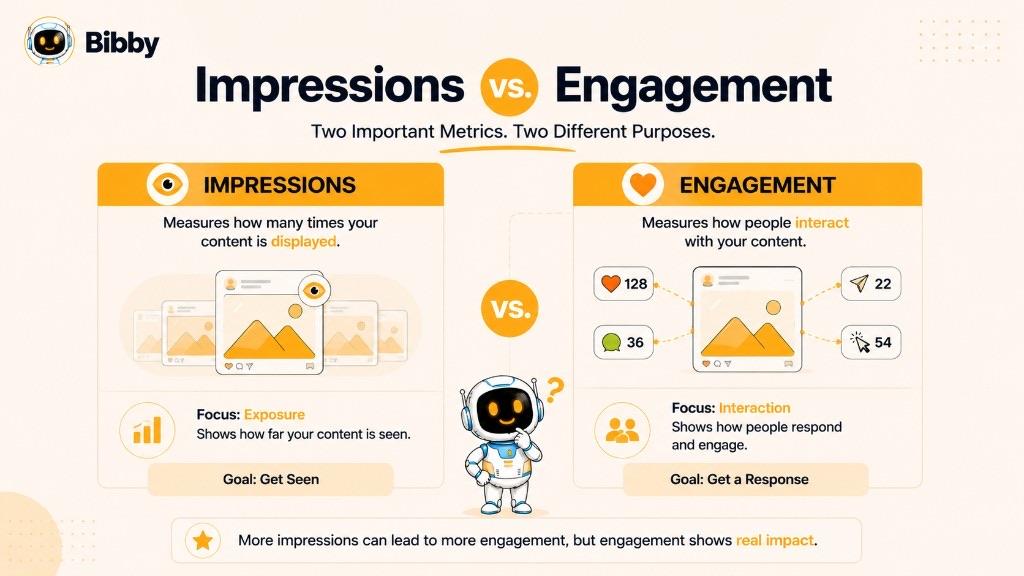 Infographic titled Impressions vs Engagement comparing exposure (get seen) with interaction such as likes, comments, shares, and clicks (get a response).