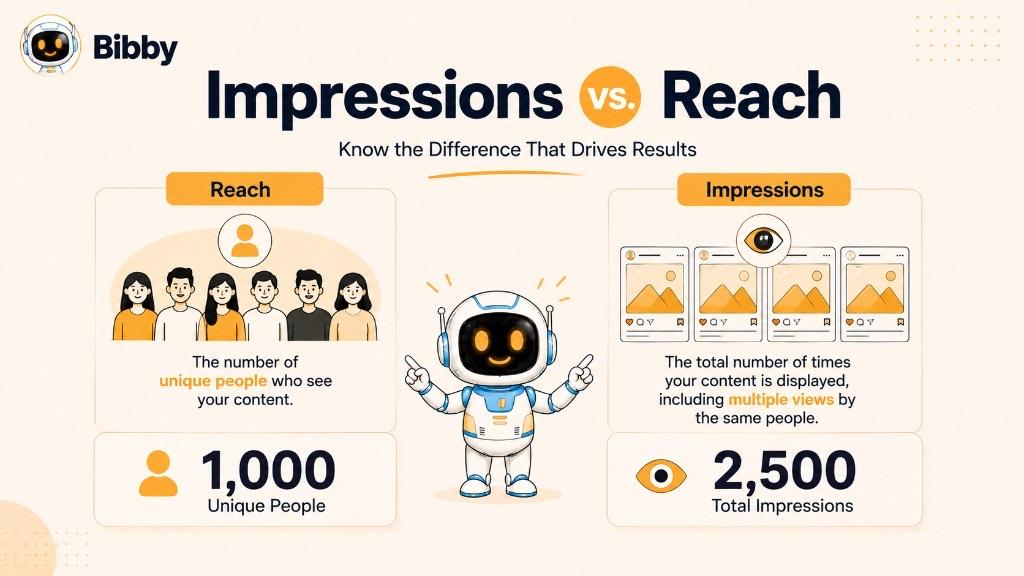 Infographic titled Impressions vs Reach showing reach as 1,000 unique people and impressions as 2,500 total displays, including multiple views by the same people.