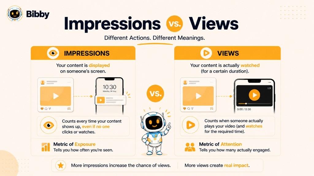 Infographic titled Impressions vs Views comparing content displayed on a screen (exposure) with video actually watched for a required duration (attention).