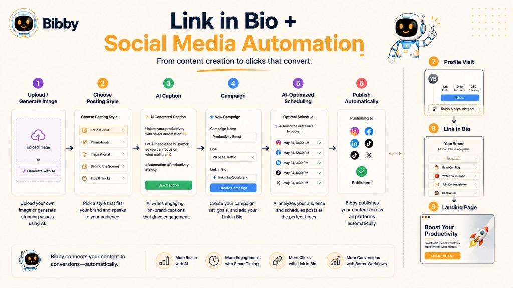 Illustration of a content-to-click workflow: upload or generate a visual, choose a posting style, generate a caption, create a campaign, schedule at AI-optimized times, publish, then send visitors through the profile link to a landing page.