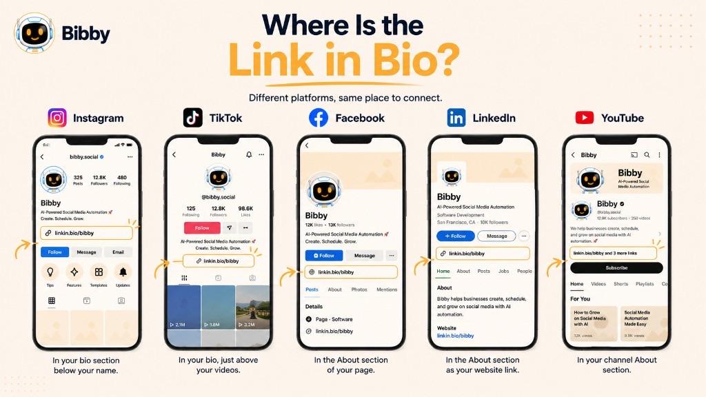 Infographic titled Where Is the Link in Bio showing illustrative profile-link locations on Instagram, TikTok, Facebook, LinkedIn, and YouTube.