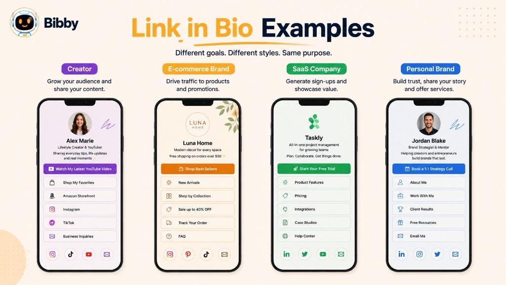 Infographic titled Link in Bio Examples showing creator, e-commerce, SaaS, and personal-brand pages with different primary CTAs.