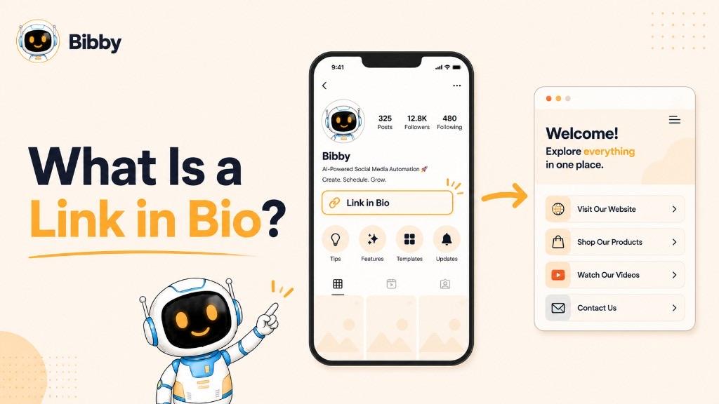 Infographic titled What Is a Link in Bio showing a social profile button leading to a page with website, shop, videos, and contact links.