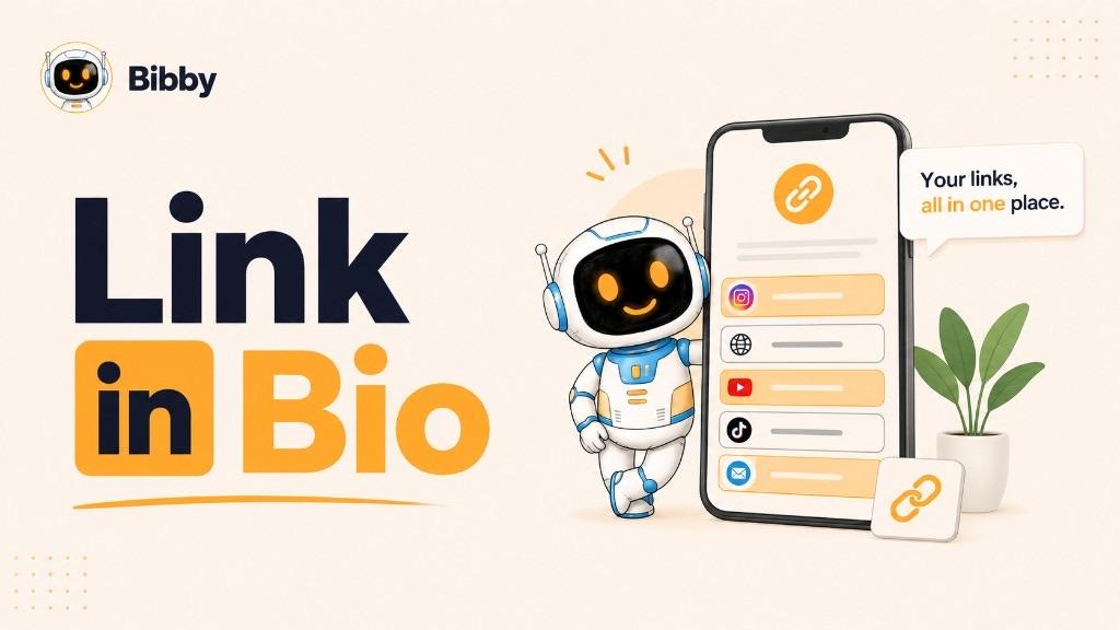 Bibby robot leaning on a smartphone that shows a link-in-bio page with multiple destinations, titled Link in Bio, with the line Your links, all in one place.