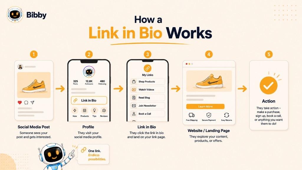 Infographic titled How a Link in Bio Works showing five steps: social post, profile visit, bio link, landing page, and action such as a purchase or signup.