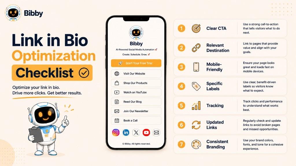 Infographic titled Link in Bio Optimization Checklist covering a clear CTA, relevant destination, mobile-friendly page, specific labels, tracking, updated links, and consistent branding.