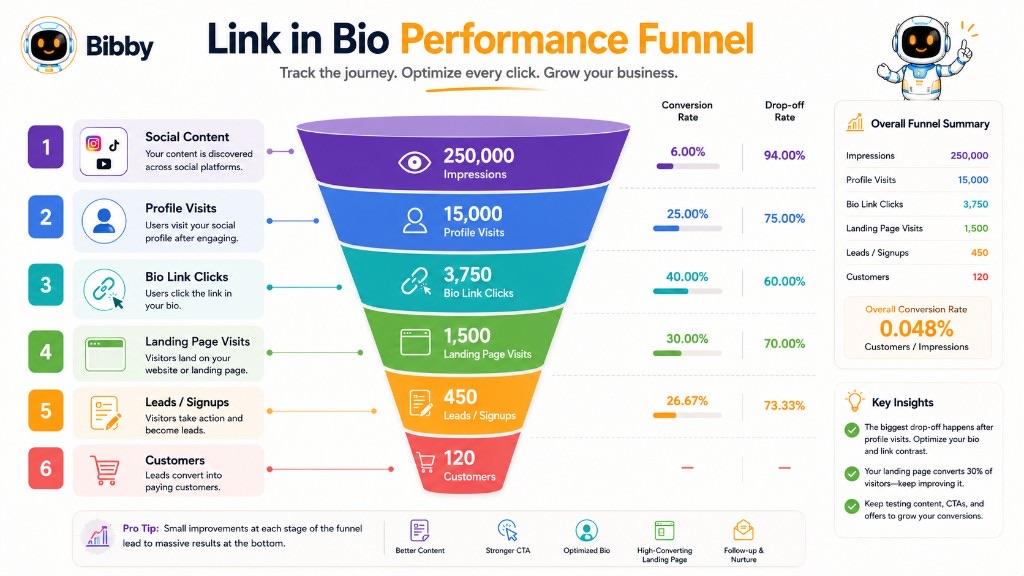 Illustration of a link-in-bio performance funnel from social impressions and profile visits through bio clicks, landing-page visits, leads, and customers, with sample numbers.