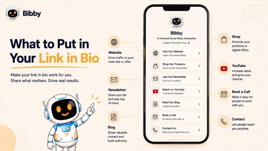 Infographic titled What to Put in Your Link in Bio showing website, shop, newsletter, YouTube, blog, booking, and contact destinations.